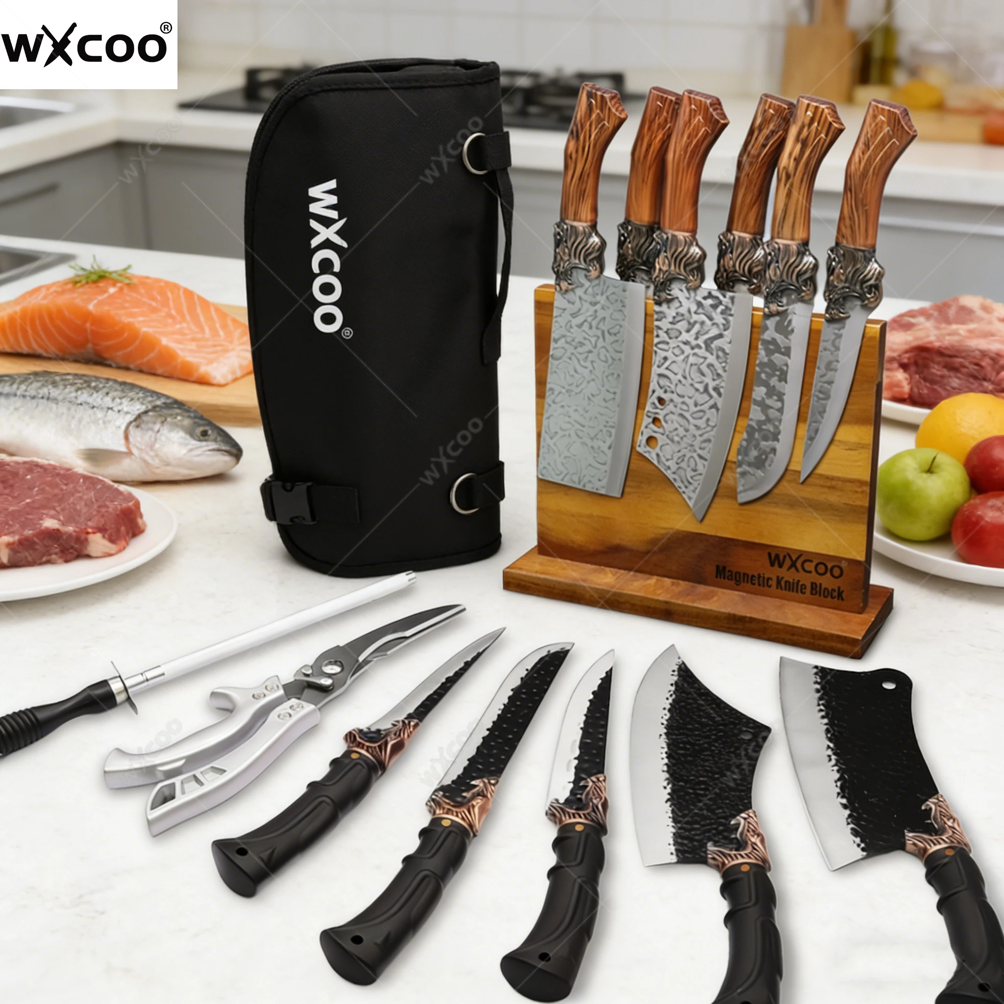 

WXCOO Professional Forged Kitchen Knives Kitchen Boning Meat Cleaver Butcher Knife Household Slicing Knife Magnetic Knife Block
