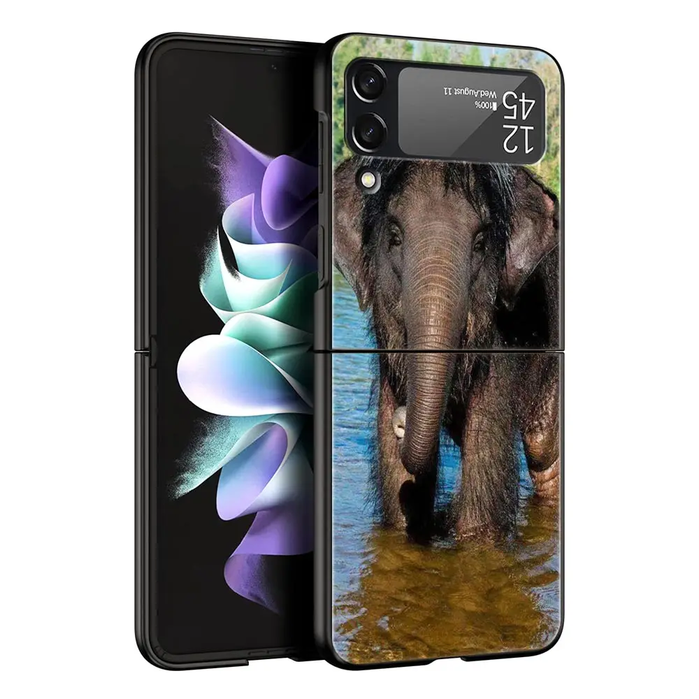 Animal Elephant Creative Phone Case For Samsung Z Flip3 Flip4 Flip5 Case Shell For Z Flip 3 Flip 5 4 5G Black Hard Folding Cover