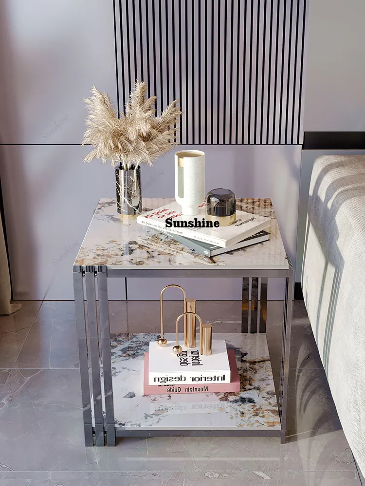 

Black titanium stainless steel side table, high-end square living room slate small coffee table