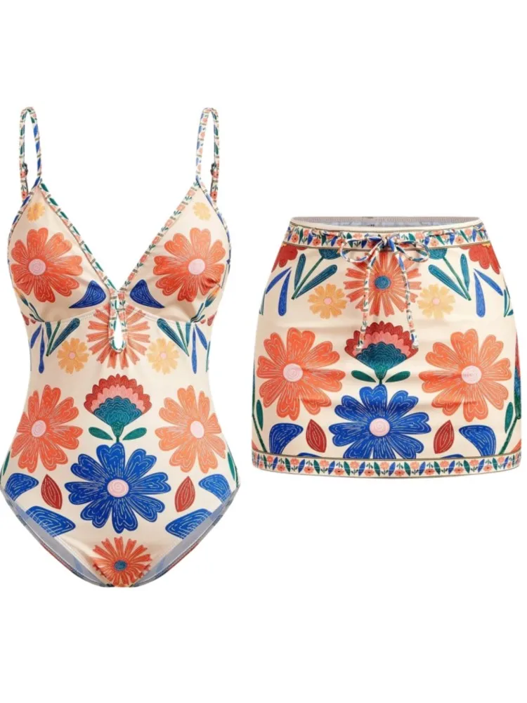 Retro Bikini Printed Fashion Two Piece Swimsuit And Cover Up With Skirt Tight Women's Bandage Summer Beach Luxury Elegant