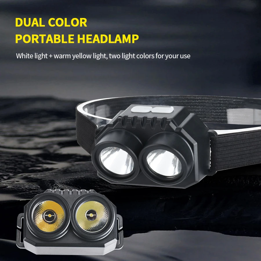 Powerful F8 Led Portable Headlamp with Yellow and White Dual Light Source Ultra Bright Wick Usb Charging Riding Headlamp