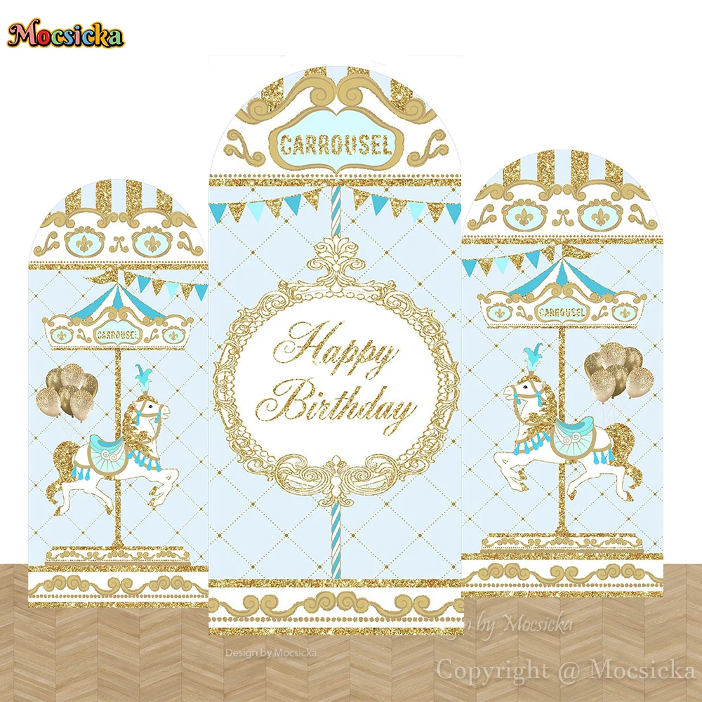 Mocsicka كاروسيل موضوع حفلة قوس خلفية التصوير الفوتوغرافي الأزرق الوردي الأزهار بالون خلفية ديكور صبي فتاة عرض الطفل استوديو الصور