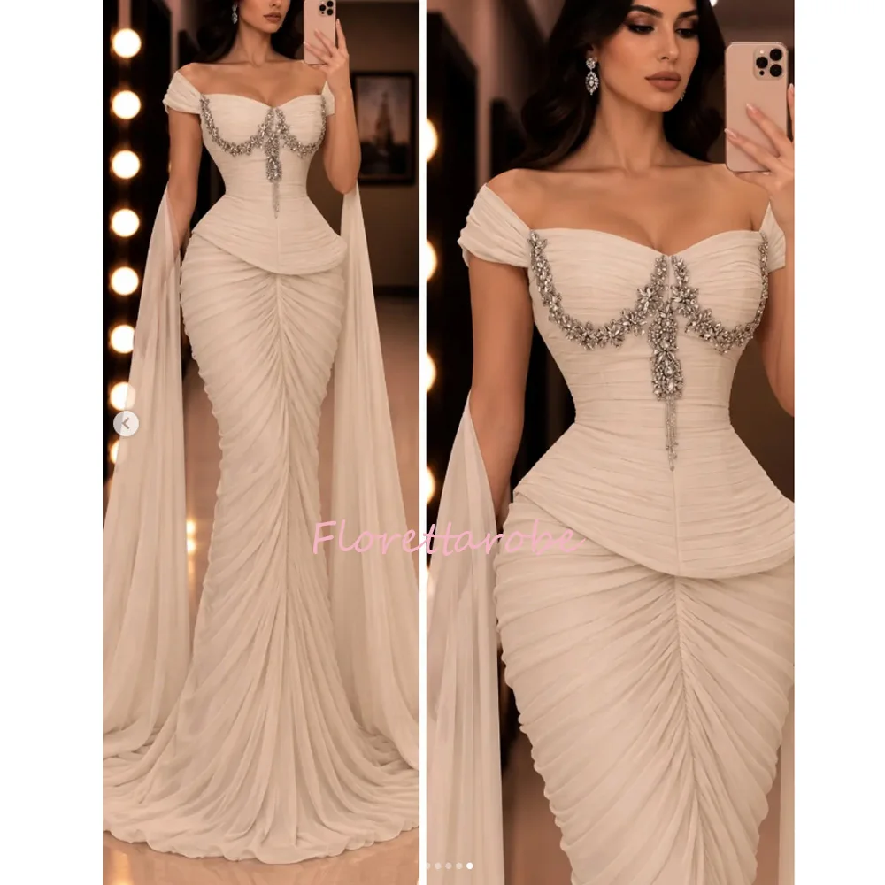 Sheath Off The Shoulder  Evening Dresses Chest with Rhinestones Watteau Train Luxury Bridal Party Arabia Prom Gowns Customized