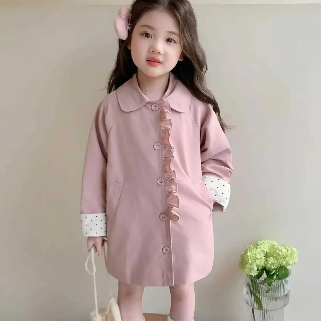 Girls' Windbreaker Spring and Autumn New Collection Children's Baby Long Sleeve Pink Collar Long Coat