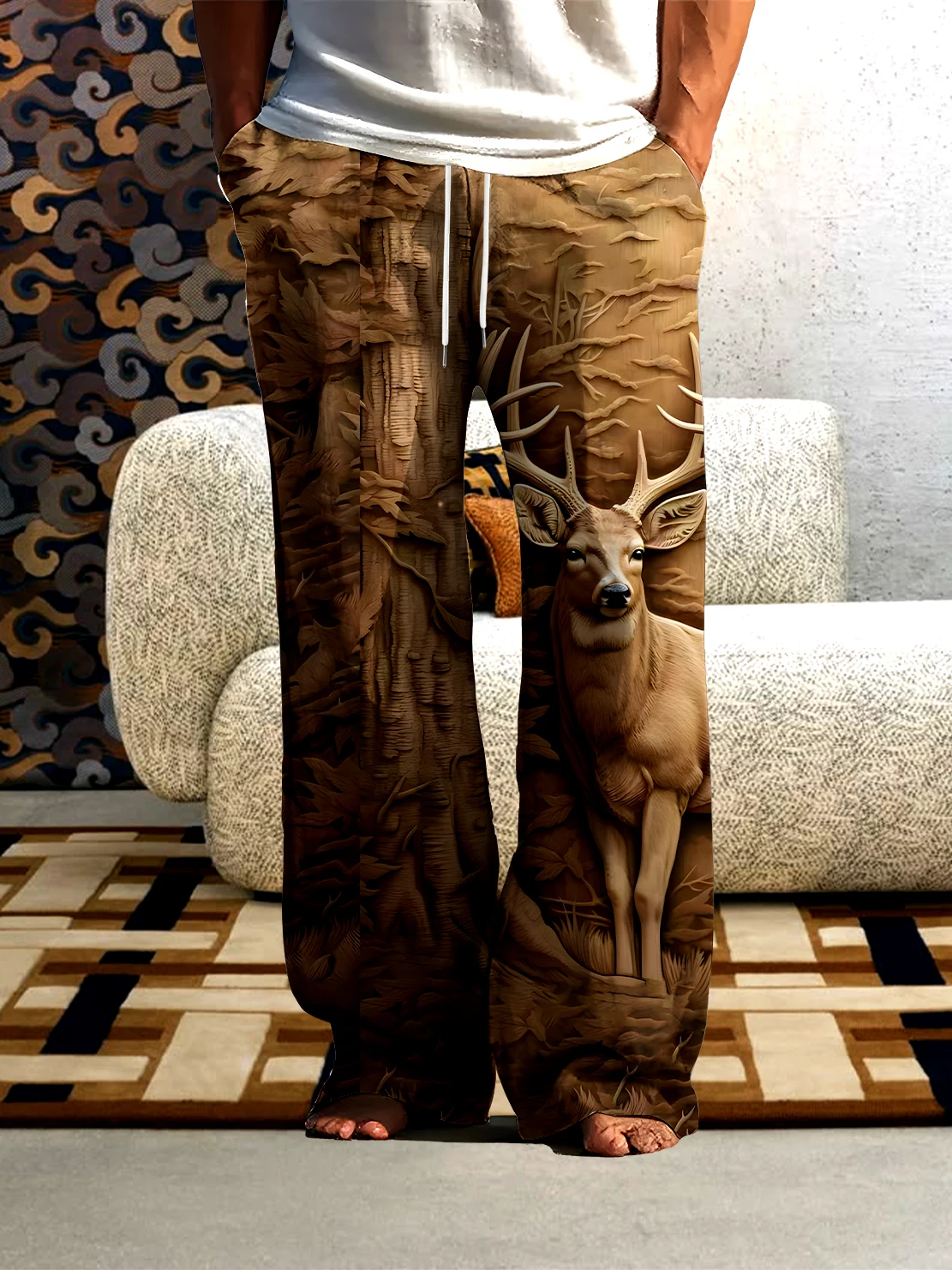 

Весенне-осенние мужские уличные повседневные брюки с 3D цифровой печатью и рисунком оленя, быстросохнущие и невыцветающие мужские брюки