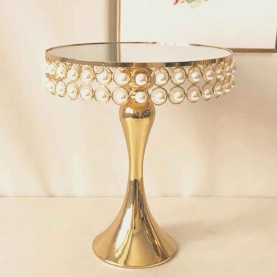 

10 Inches 25cm Gold Round Mirror Cake Stand Cupcake Stands Metal Pedestal Holder with Pearls Party Dessert Cheese Display Plate