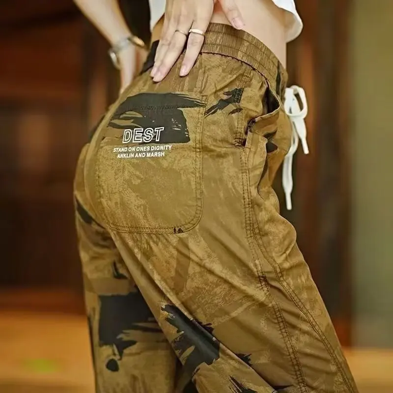 

Свободные брюки из ледяного шелка с манжетами, мужские летние брюки Qui Dry, тонкие камуфляжные спортивные длинные брюки, молодежные повседневные брюки