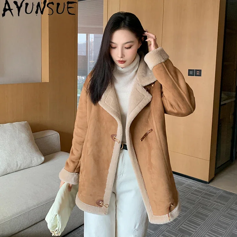 

Casual AYUNSUE Sheep Shearing Jacket Women 2024 Winter 100% Wool Coats Female Clothes Womens Fur Coat Outwear Casaco Feminino