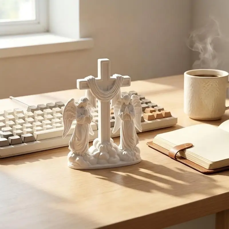 3D Printed High-precision White Cross Figurine with 2 Praying Angels for Home Office Desktop