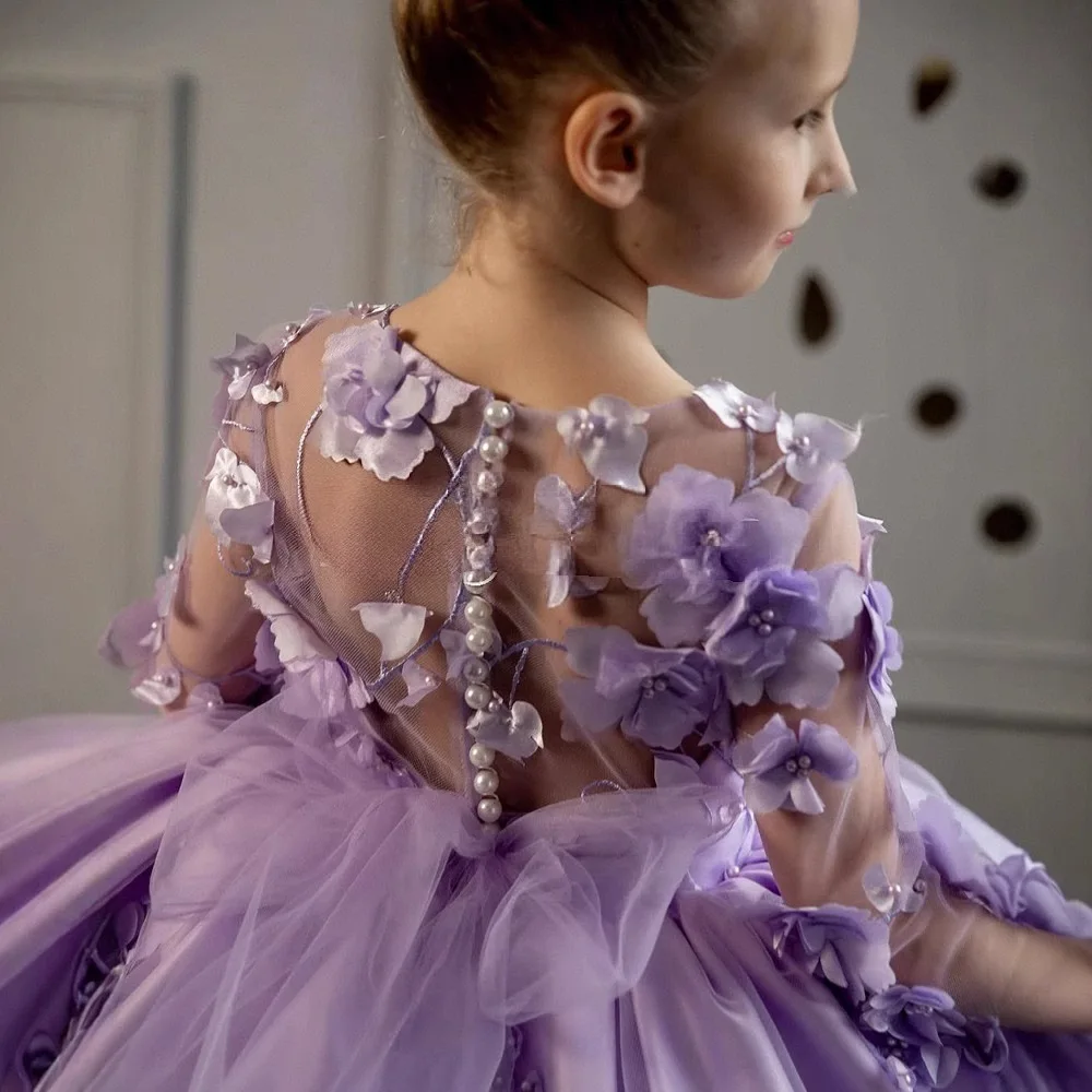 Girls Purple Color 3d Flower Long Sleeve Dress Mesh Tulle Children Princess Gown Toddler Formal Dress For Birthday Pageant