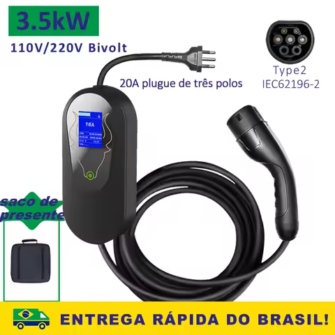 Carregador Portátil JIGU Tipo 2 para Veículos Elétricos 3.5KW 16A Monofásico com Cabo de 5M, Caixa de Carregamento EVSE para Carros Elétricos, Plugue Brasileiro 20A