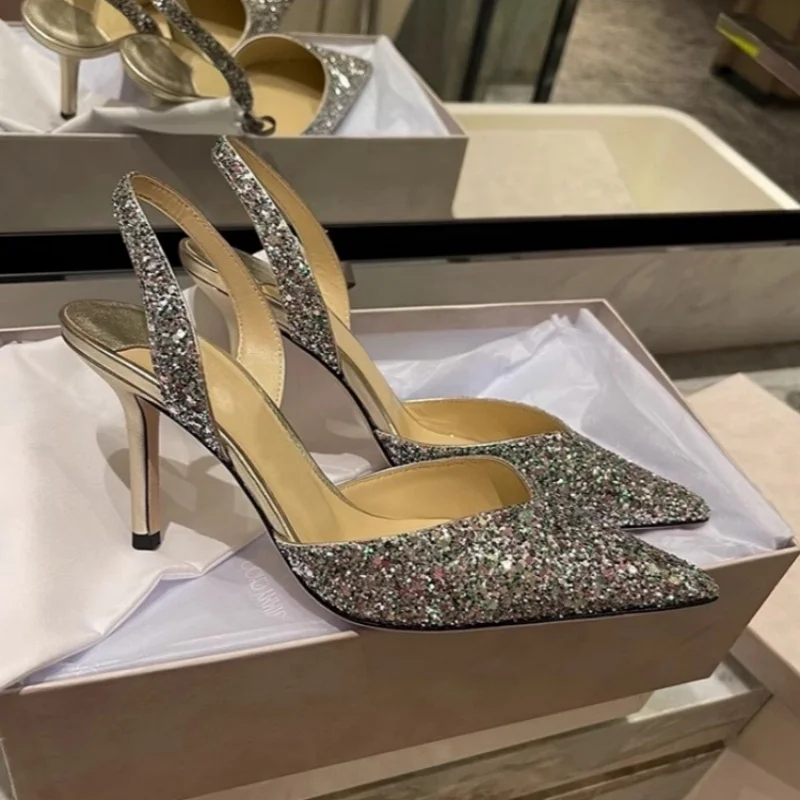

2025 Spring Designer New Women's Sandals Pointy Toe Thin Heel Back Strap Glitter Elegant Luxury Wedding Dress Women High Heels
