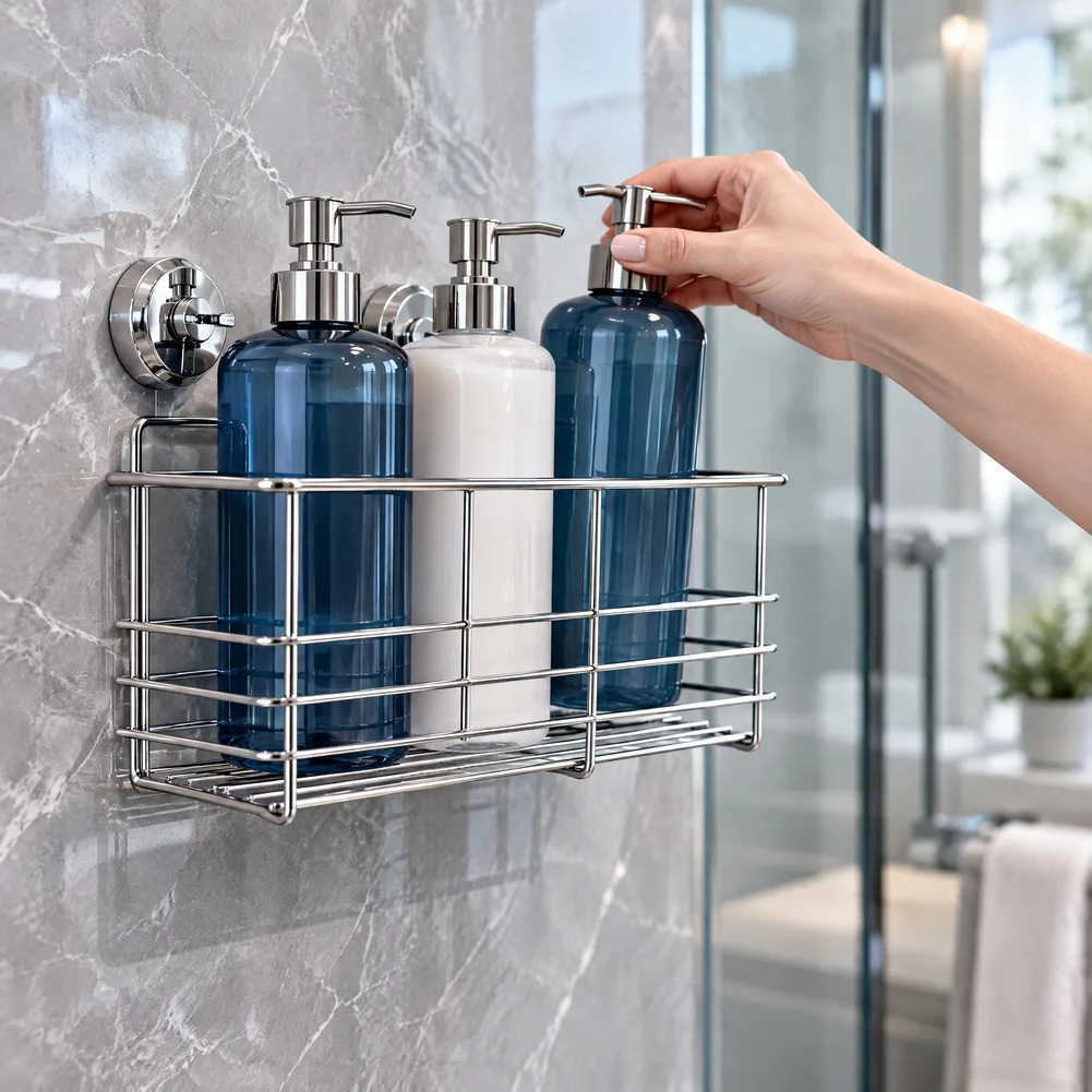 Stainless Steel Suction Cup Shower Shelf No Drill Twist Lock Deep Basket Organizer For Bathroom Kitchen For Rv Wall Storage Rack