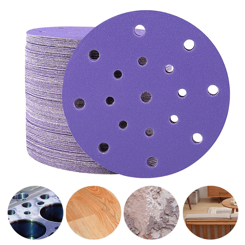 

10 шт., 6 дюймов, 17 отверстий, керамическая фиолетовая наждачная бумага P80-P600, шлифовальные диски, самоклеящиеся полировальные круглые диски, аксессуары для деревообработки