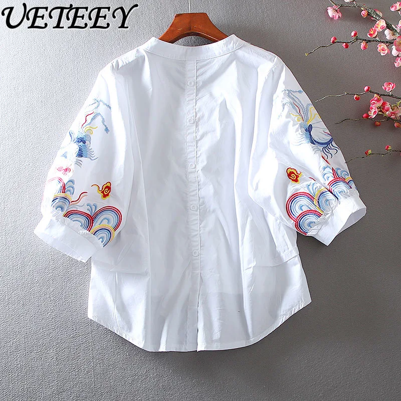 Fashion Women's Tops National Embroidery Ethnic Style Elegant V-neck Blouse High Waist Temperament White Loose Casual Shirt