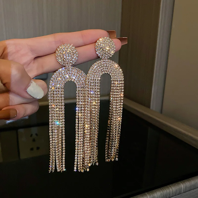 

2023 Europe and America New Full Rhinestone Tassel Clip on Earrings for Women Party Wedding Statement Jewelry Long Earings Gifts