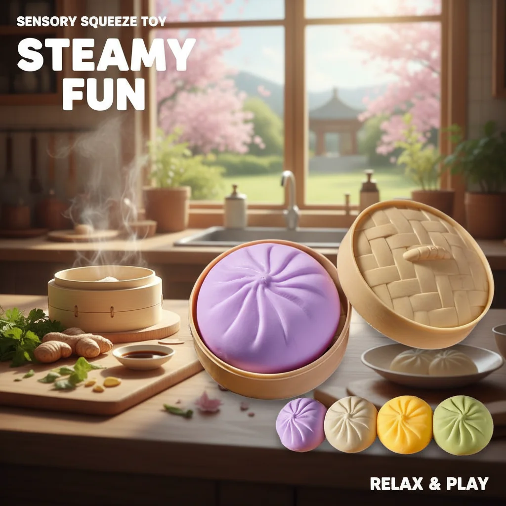 1 Bola Antiestrés de Dumpling, Juguete Sensorial de Simulación de Comida con Mini Vaporera, Bola de Masa para Apretar, Alivio del Estrés, Juguete de Mano