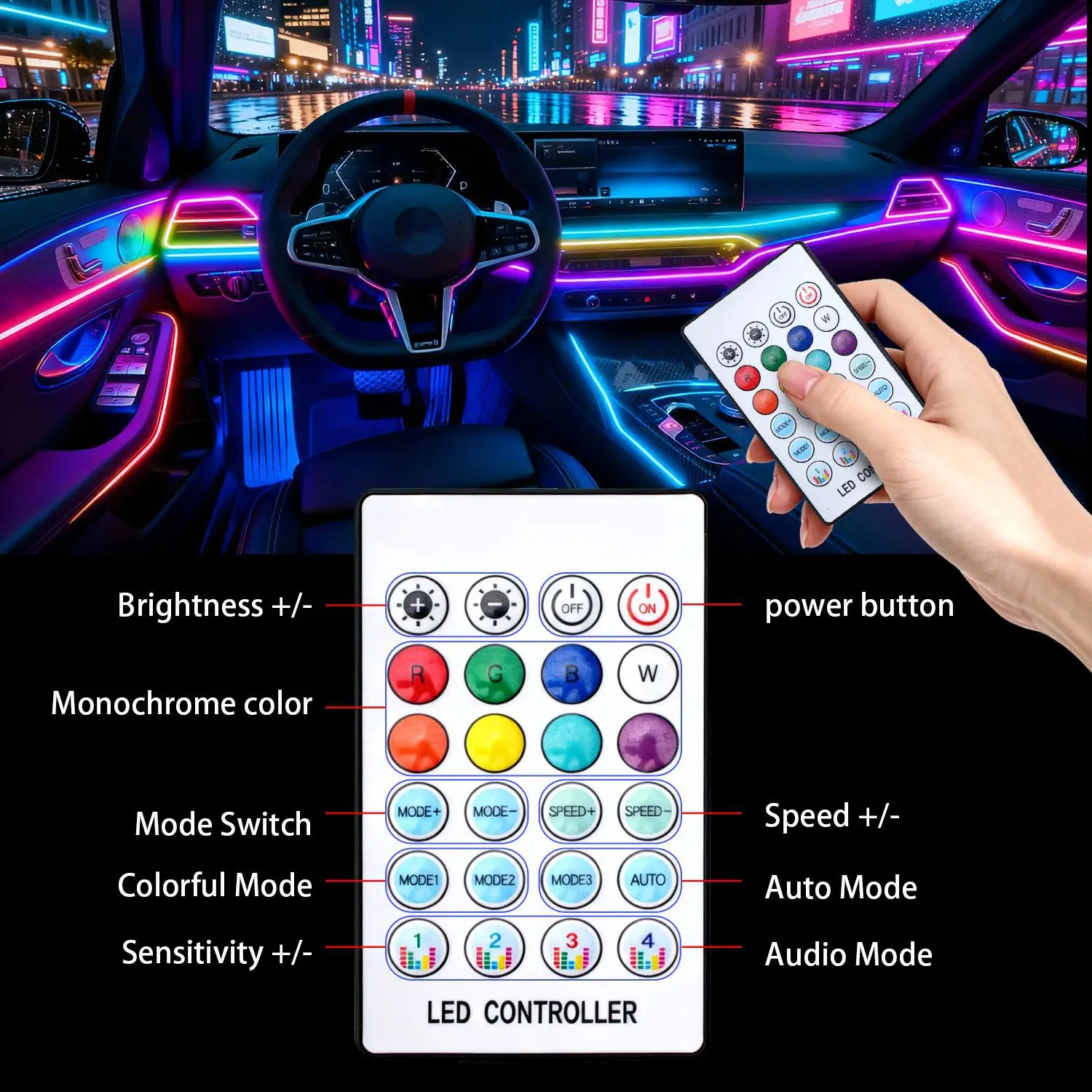 43.31 inch Streamer Car Ambient Lights RGB 64 Color Universal LED Interior Hidden Under Acrylic Strip Symphony Atmosphere Lamp