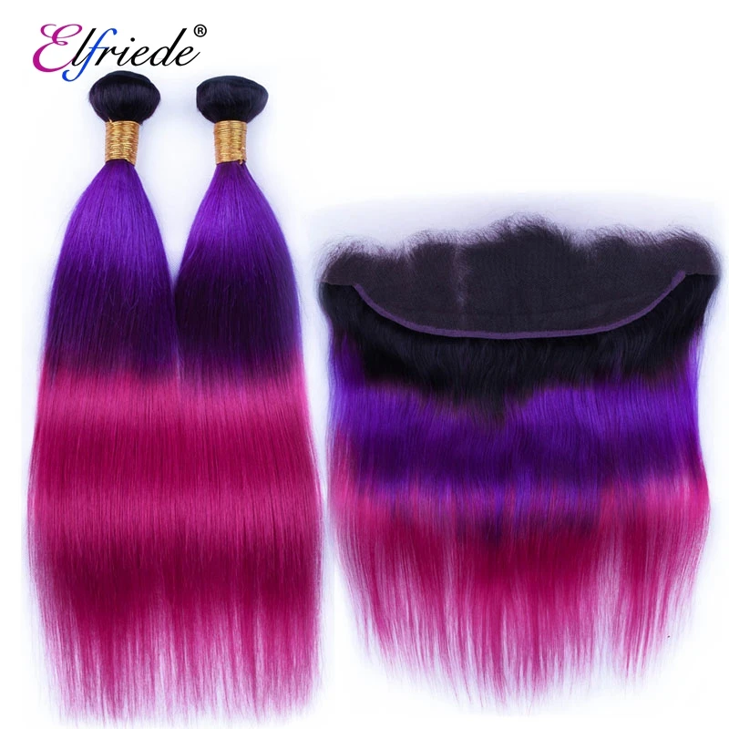 Elfriede #1B/Purple/Rose Red Human Hair Bundles With HD Lace Frontal Brazilian Raw Hair Colored 3 Bundles with 13x4 Lace Frontal