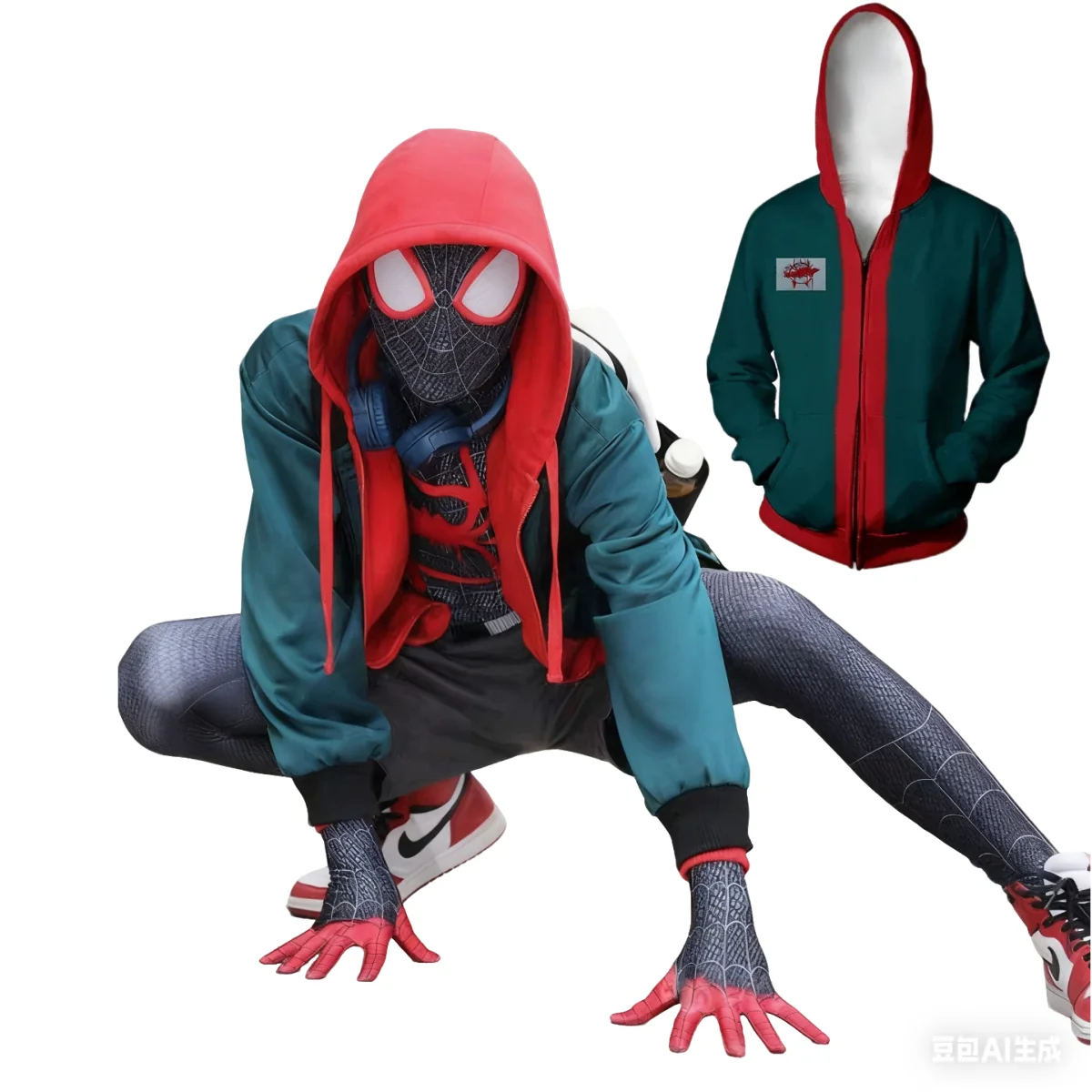 

Superhero Hoodies Cosplay Jacket Green Zipper Hooded Coat Halloween Carnival Superhero Cosplay Costume Miles Morales Jumpsuit