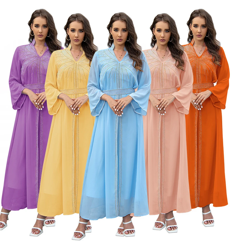 

Orange Light Pink Blue Yellow Purple Ramadan Costumes For Women Traditional Muslim Clothing India Summer Chiffon Long Dresses