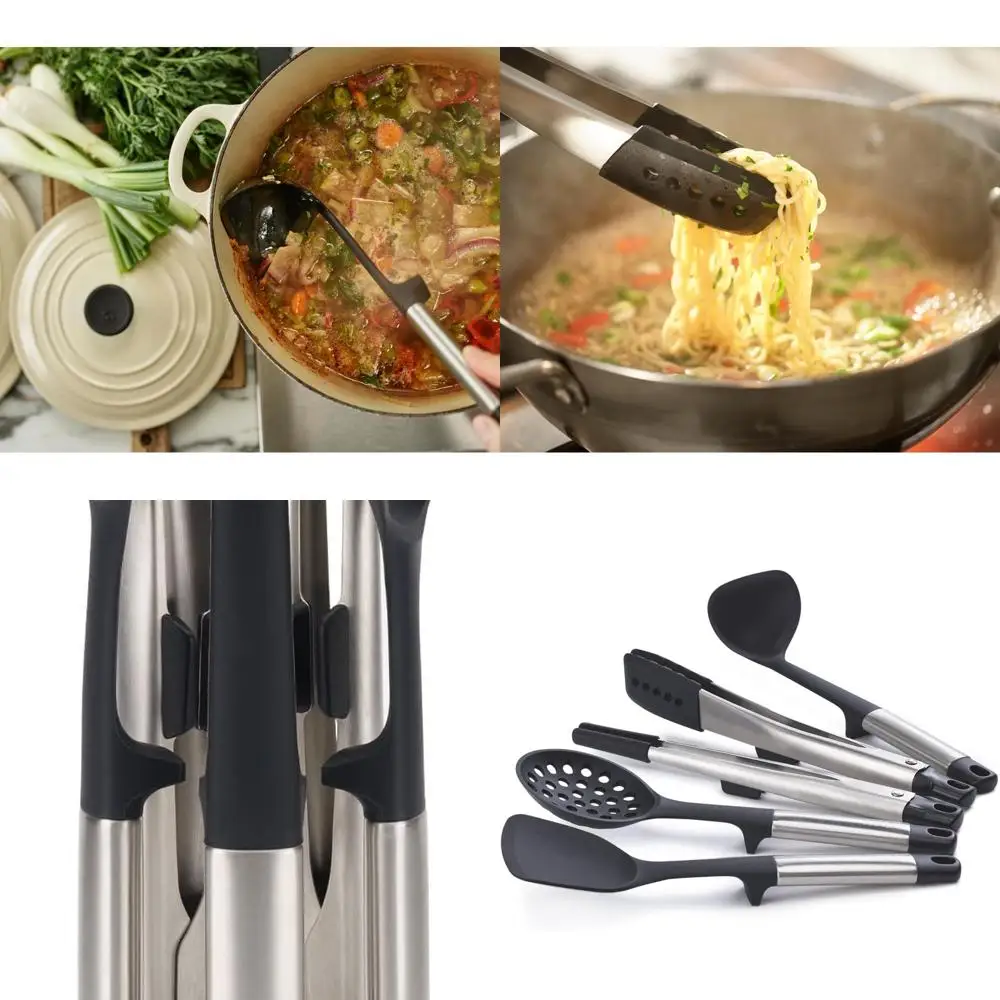 

5-Piece Silicone Kitchen Utensil Set with Stainless Steel Stand for Easy Storage