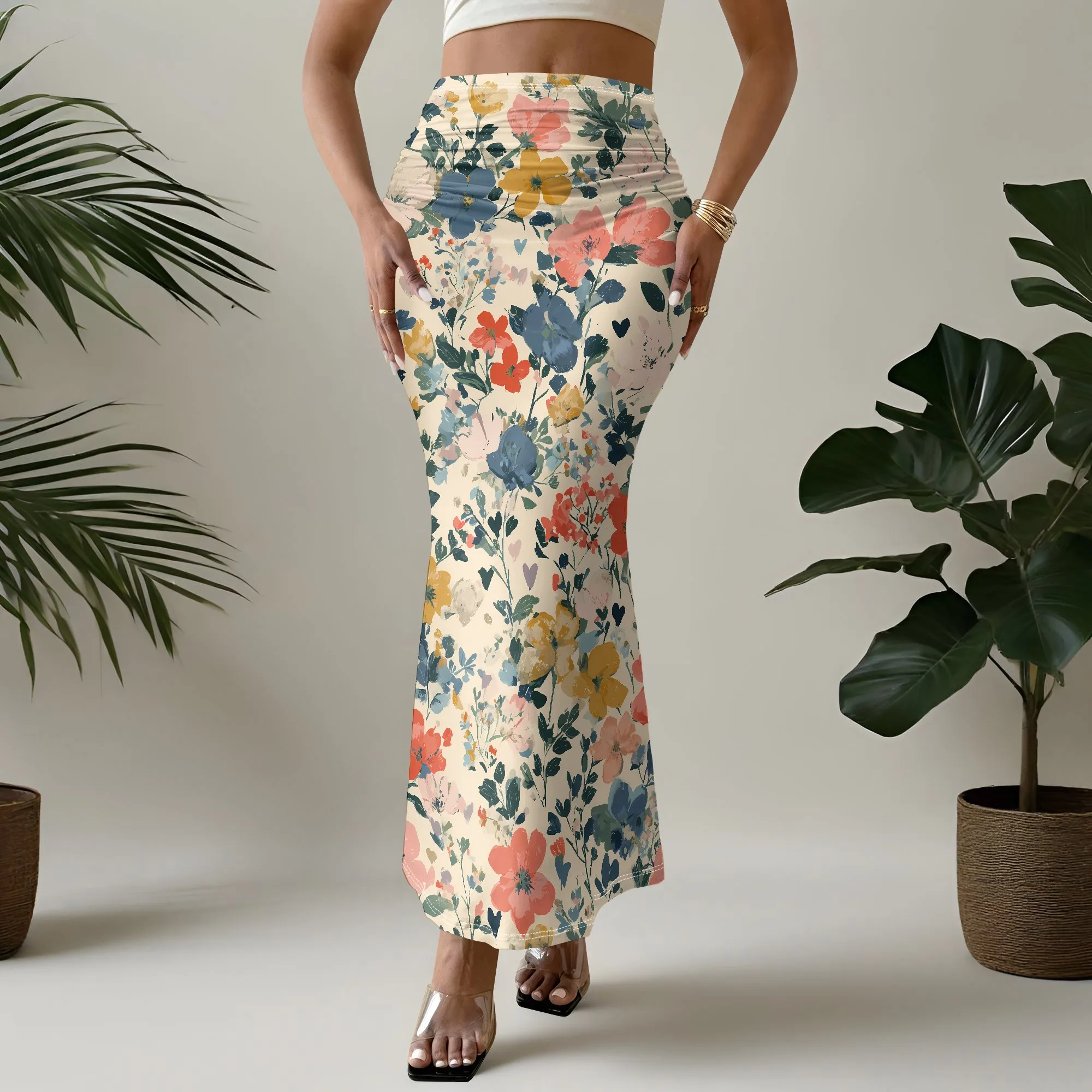 Floral Print Mermaid Skirt, High Waist Bodycon, Ruched Side Detail, Beach Party Wear, S-2XL