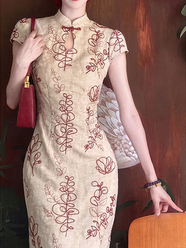 

Elegant Red Embroidered Summer New Chinese Style Hollow out Long Dress Women's Improved Gown for Banquet Evening