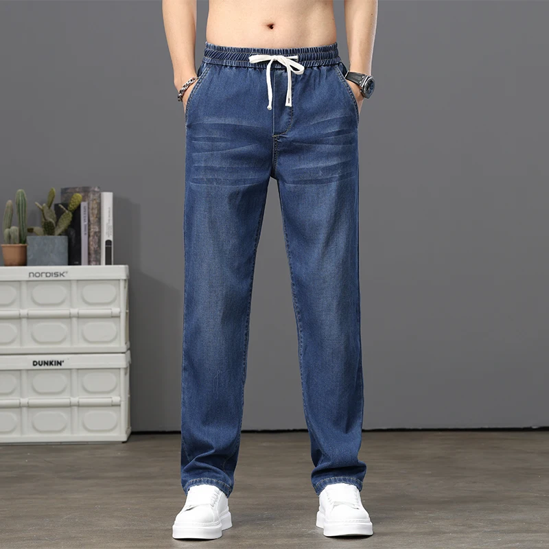 2024 Summer Thin Tencel Loose Straight Jeans for Men Elastic Casual Elastic Waist Trousers Social Party Streetwear Men Clothing