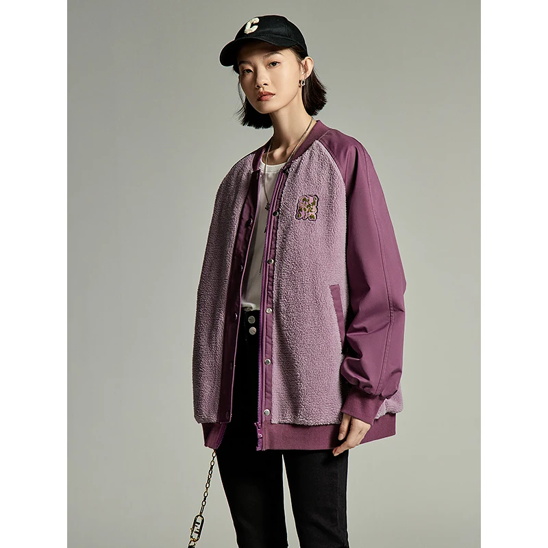 Toyouth Women Thickened Plush Cotton Coat 2023 Winter Contrast Raglan Sleeve Baseball Jacket Embroidery Fashion Purple Outwear