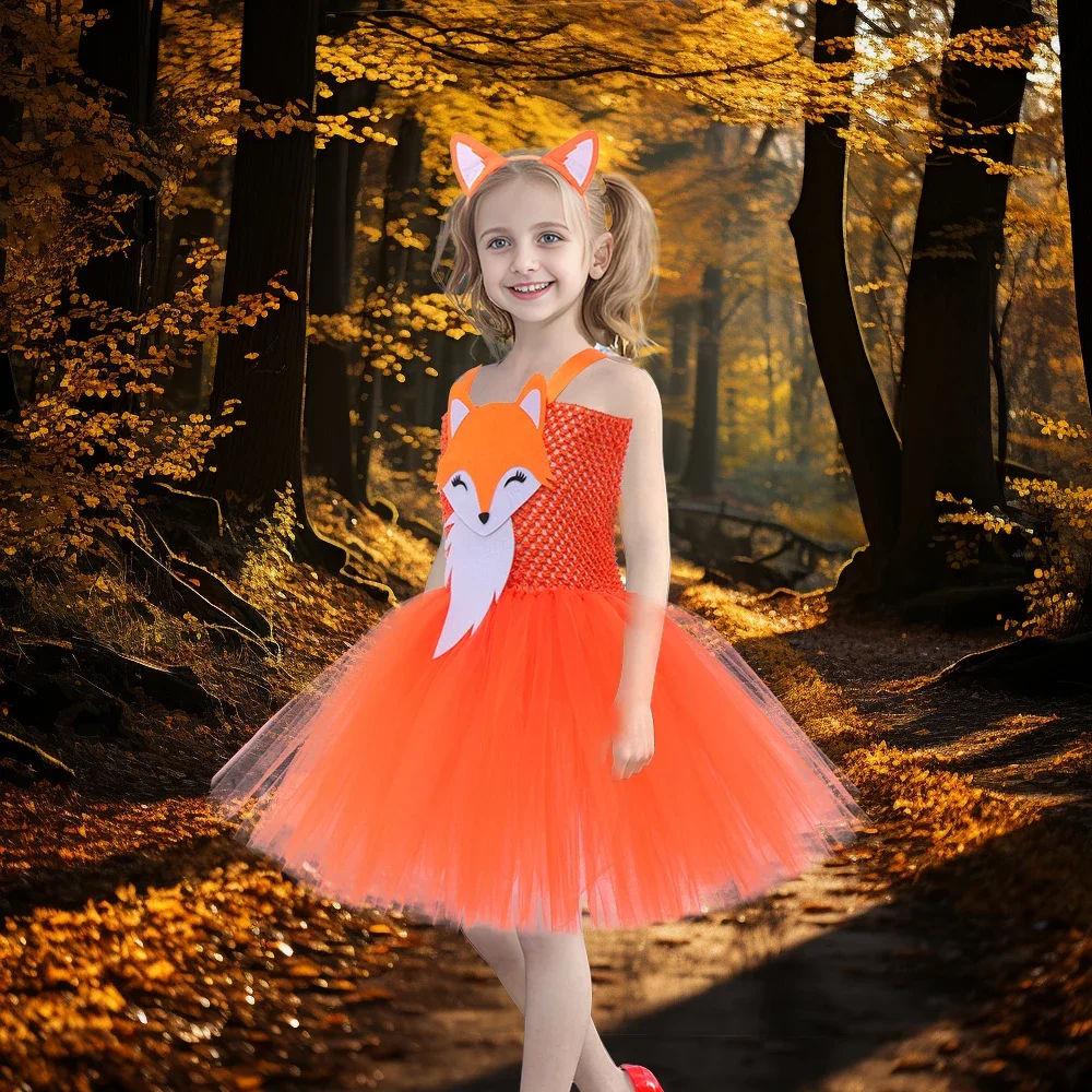 Orange Miss Fox Costume Tutu Dress Girls Forest Theme Cosplay Costumes for Kids Party Dresses Cute Animal Fancy Dress Birthday