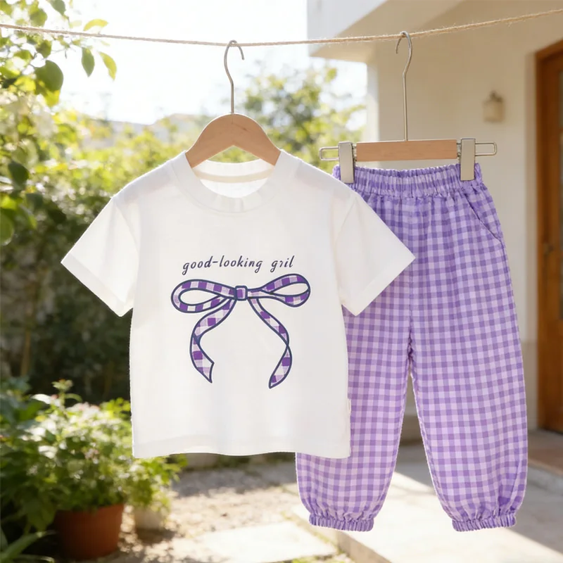 

Girls T-shirt Sets Boys Summer Bow Top+Plaid Pants Suit Children Cartoon Cotton Short-Sleeve Outfits 1-5Y Toddler Casual Clothes