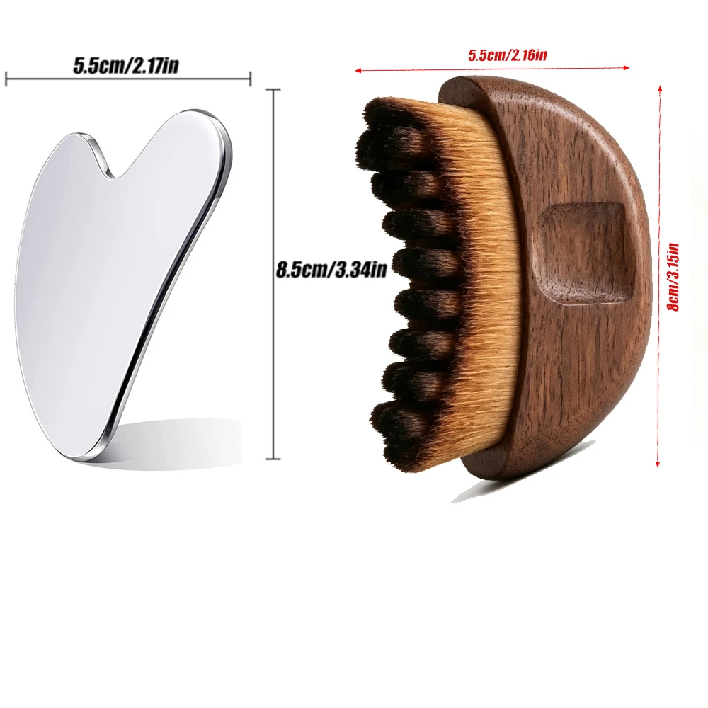 2Pcs Body Care Set Stainless Steel Heart Gua Sha Tool + Walnut Wood Dry Body Shower Brush Exfoliating Massage Spa Gift Kit