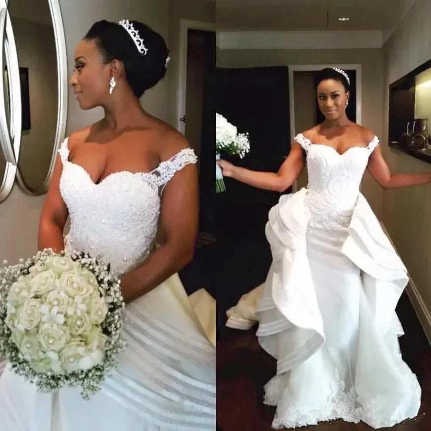 Vestido de noiva personalizado com alça espaguete, sereia, com trem destacável, apliques africanos, contas de cristal, plus size