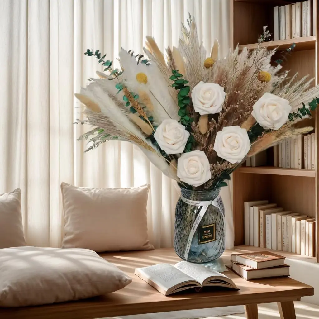 

70 pcs Boho Natural Bunny Tails, Pampas Grass, Rose Bouquet, Autumn, Christmas, Halloween Decoration, Preserved Dried Flower