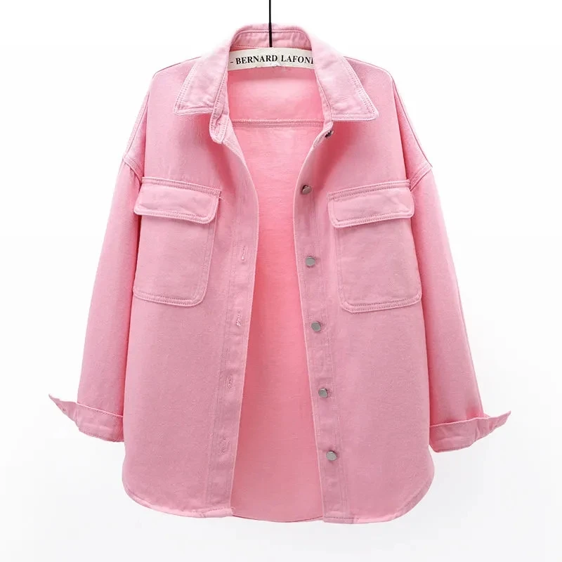 

Korean Loose Denim Shirt Jacket Women's Big Pocket Middle Length Long-Sleeved Blouse Tops Spring New White Pink Jaqueta Feminina