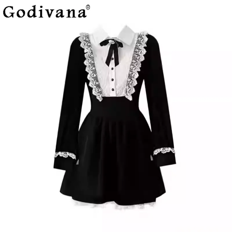 

Autumn British Retro Temperament Lace Princess Dress Sweet Girl Try Age Reduction Versatile Long Sleeve High Waist Party Dresses