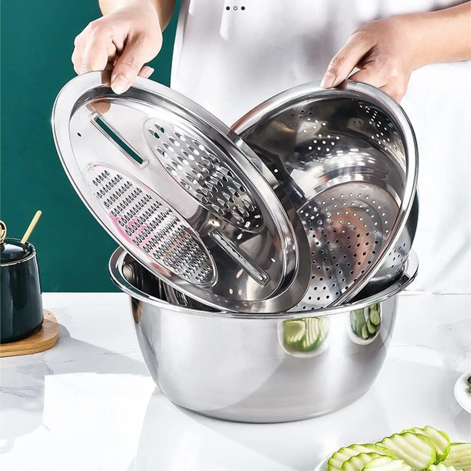3PCS Stainless Steel Kitchen Set Stackable Space-Saving Bowl Combo With Drain Shredding Mixing Bowls For Food Prep