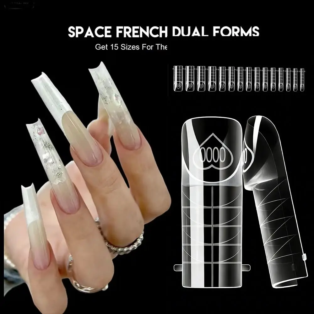 150Pcs 15 Sizes Space French Nail Dual Forms Transparent Plastic Full Cover Nail Forms Reusable Quick Building Gel Mold