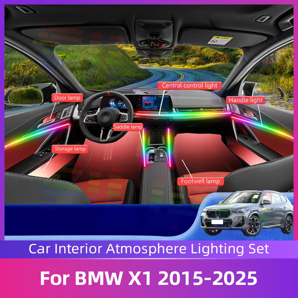 

Автомобильный комплект окружающего освещения, внутренняя акриловая направляющая, светодиодная лента, декоративная атмосферная лампа с управлением через приложение для BMW X1 E84 F48 U11
