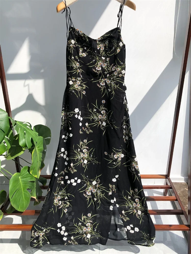 

Vintage Daisy Print Women Sleeveless Slim Viscose Sling Dress Spring Summer Ladies Waist Lace-Up Slit Midi Robes 2024 New