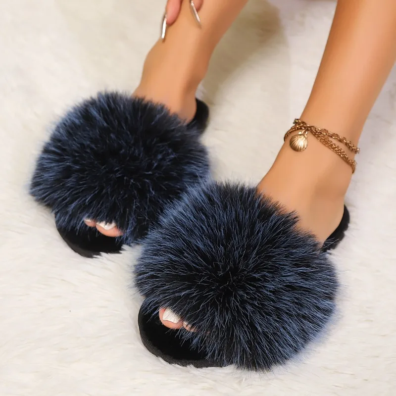 

Luxury Fluffy Plush Indoor Home Slippers Women Winter Casual Flat Slippers Mix-color Lightweight Comfortable Furry Slides Woman