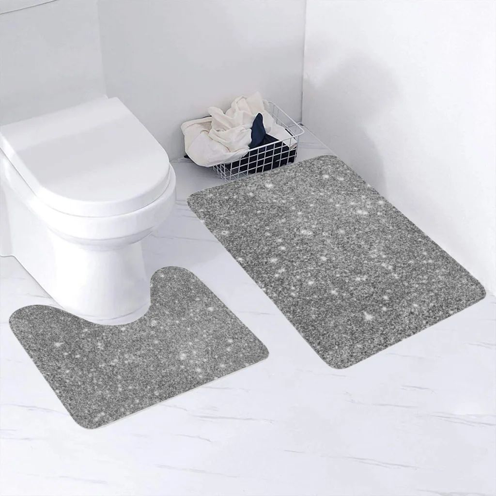 Silver Glitter Sparkles Bathroom Rugs Set 2 Piece U-Shaped Toilet Rug Soft Non-Slip Thick Bath Mat and Contour Toilet Rug