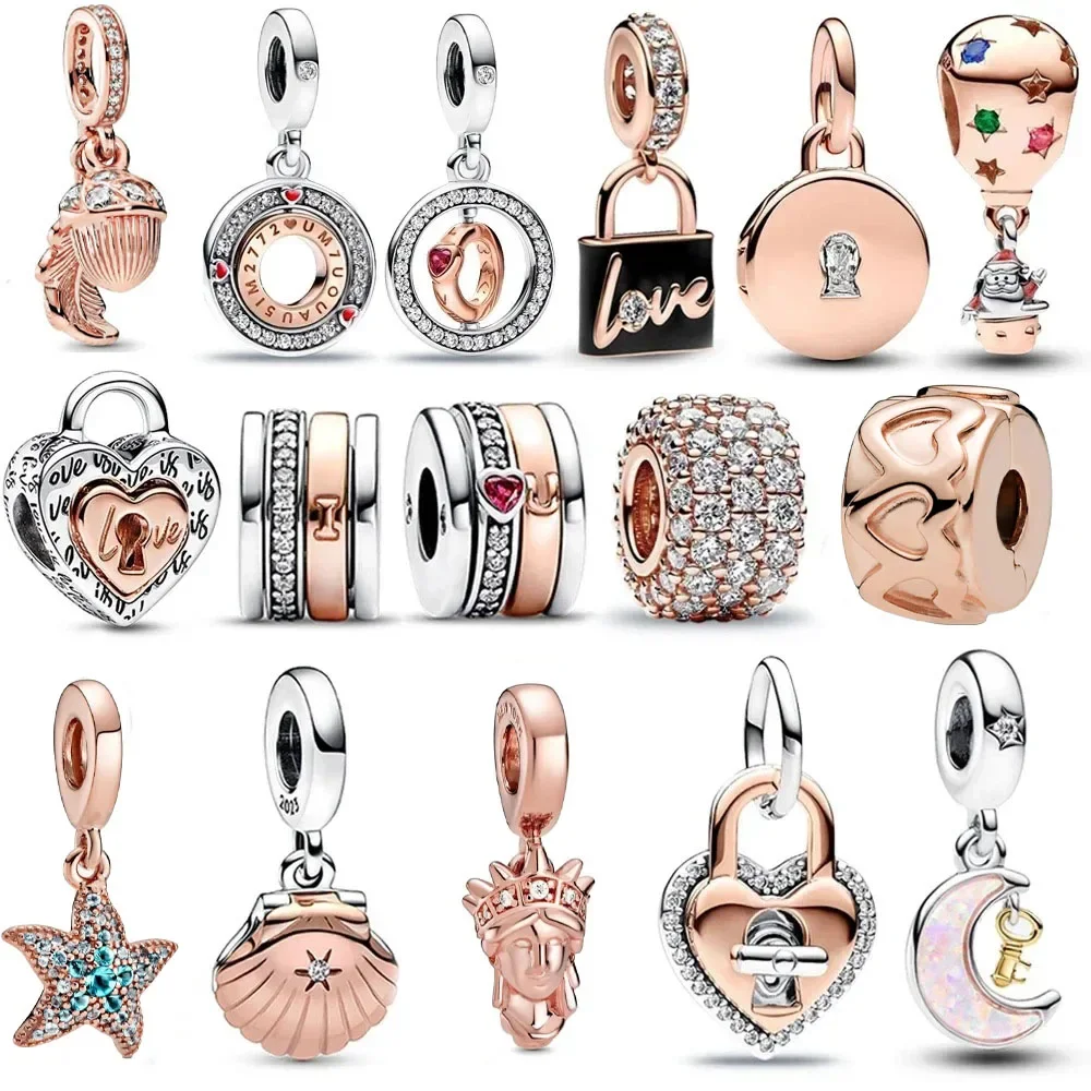 Real 925 Sterling Silver Rose Gold Clear Pavé Oak Leaf Accessories Charm Fit Pandora Moment Bracelet DIY Gift Jewelry Women