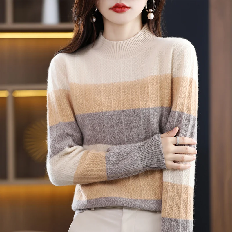 Autumn and Winter New Pure Wool Round Neck Contrast Color Cashmere Sweater Women's Striped Knitted Sweater Loose Bottom Shirt