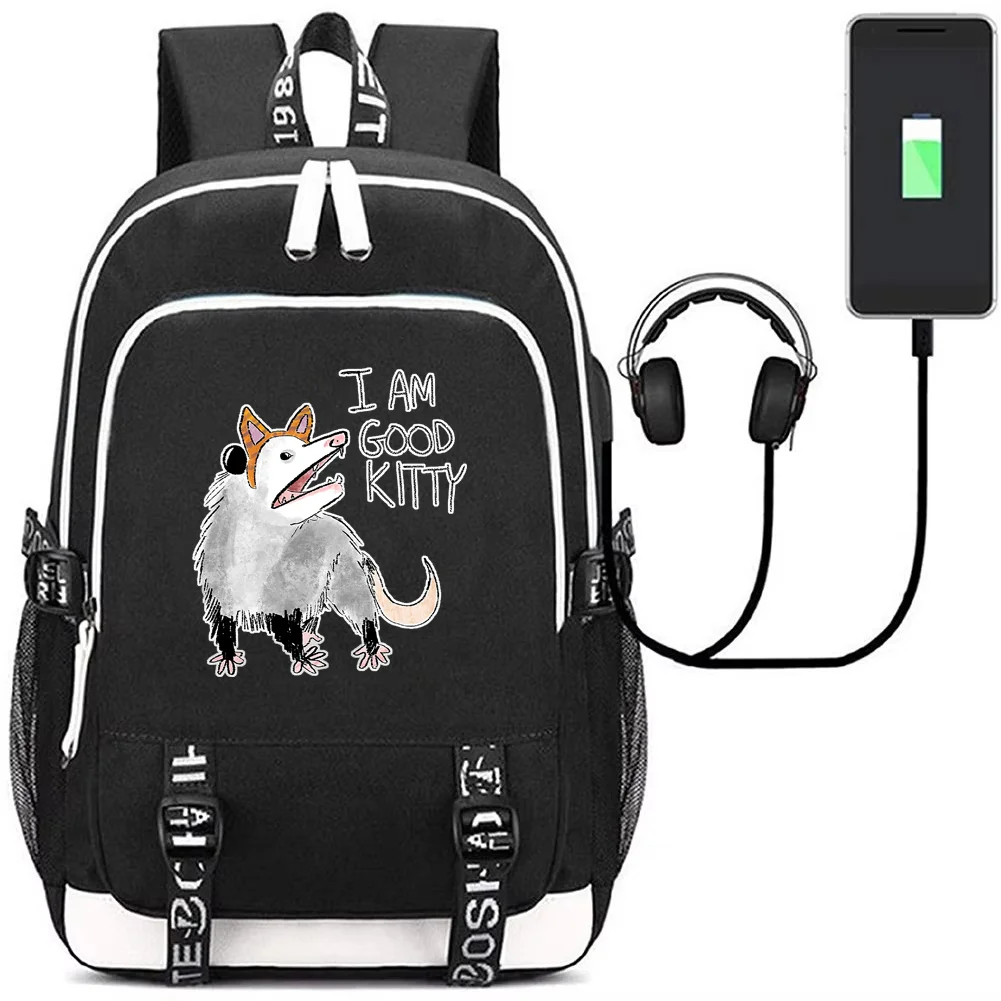 I Am Good Kitty Backpack with USB Charging Port Bookbag Funny Possum Laptop Bag School for Students Mochila