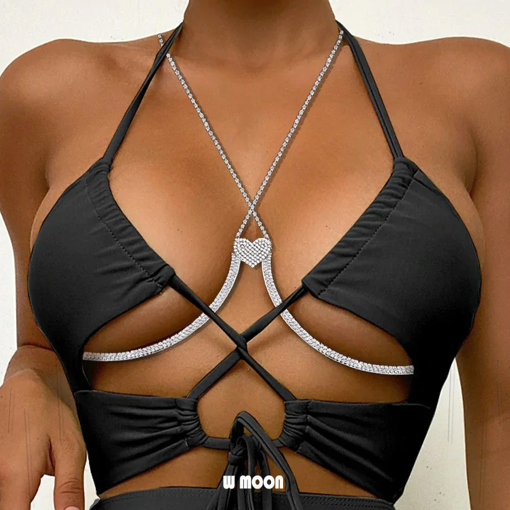 Sexy Chest Bracket Love Heart Bras Chain Necklace Body Jewelry Rhinestone Top Fashion Gift Beach Bikini Body Chain Women 2024