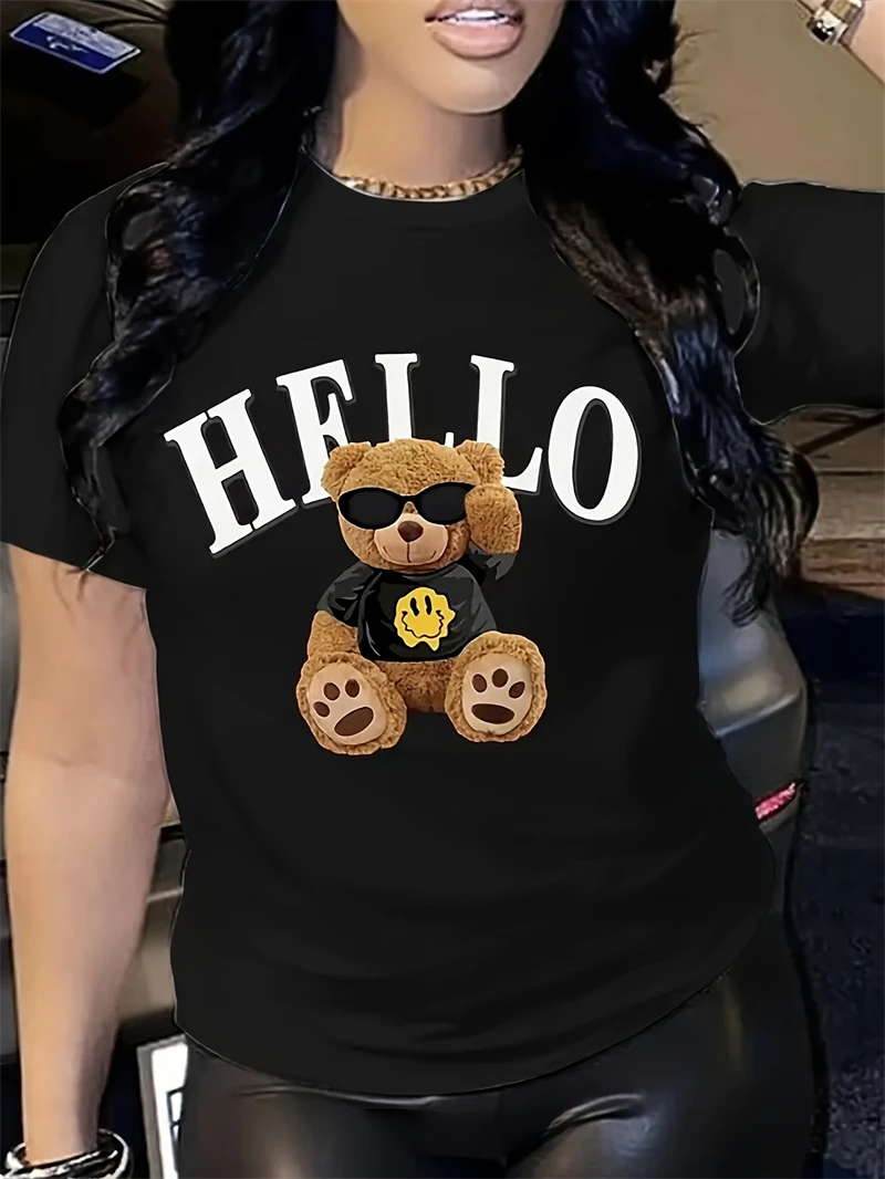 Cartoon Bear Print T-Shirt, Casual Crew Neck Short Sleeve Top For Spring & Summer, Women\'s Clothing t shirt