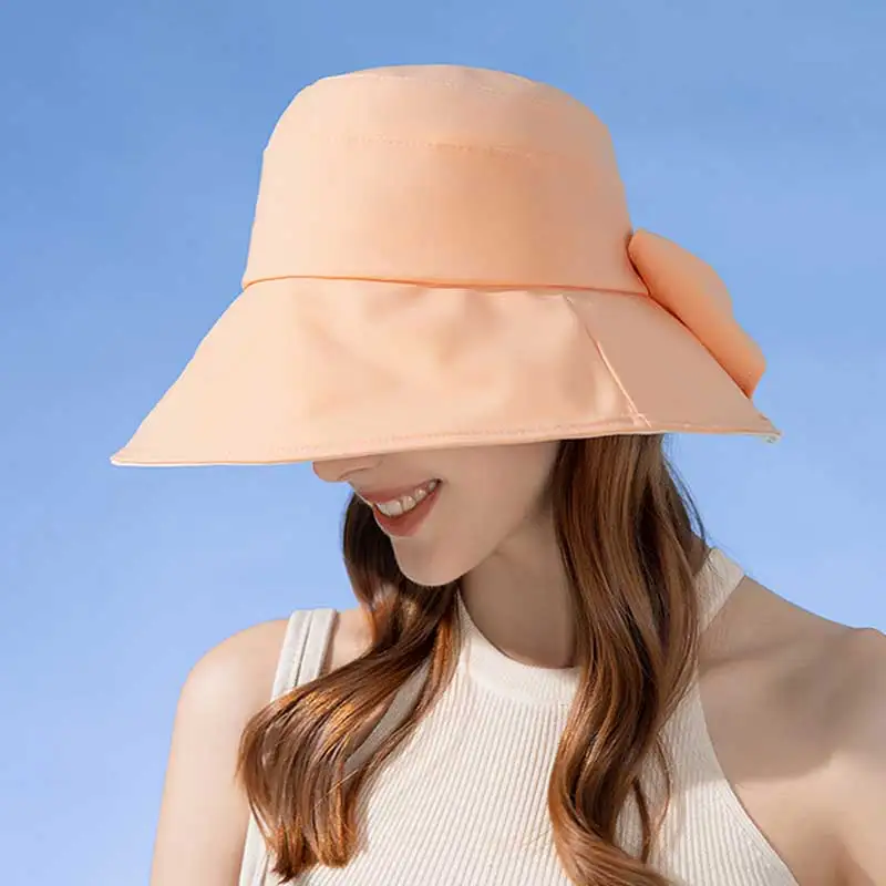 Summer Two-tone Bucket Hat for Women Breathable Soft 10cm Wide Brim Sun Cap Large Bowknot Elegant Ladies Top Hat Gift for Mother