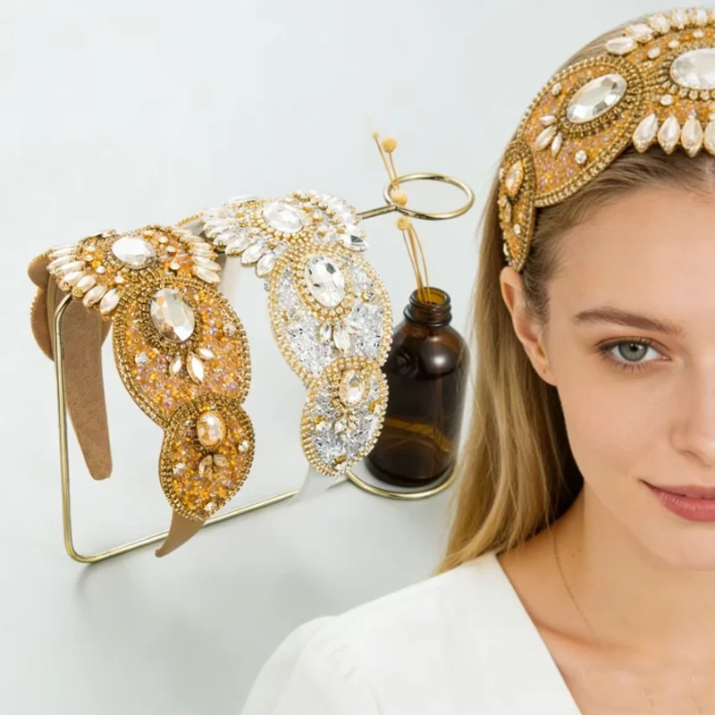

French Retro Luxury Full Diamonds Headband Rhinestone Wide Edge Hair Hoop Elegant Hair Accessory for Dance Party Women Hair Clip